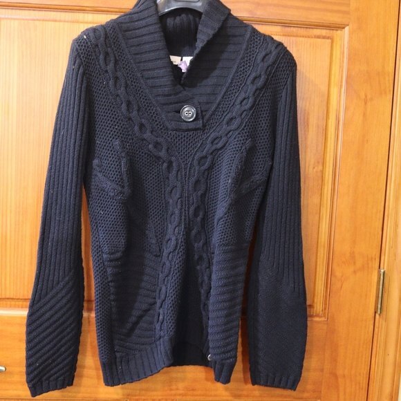 DKNY Jeans Black Cable Knit Sweater Textured Waffle Rib Swirl Band Collar Large - Picture 13 of 13